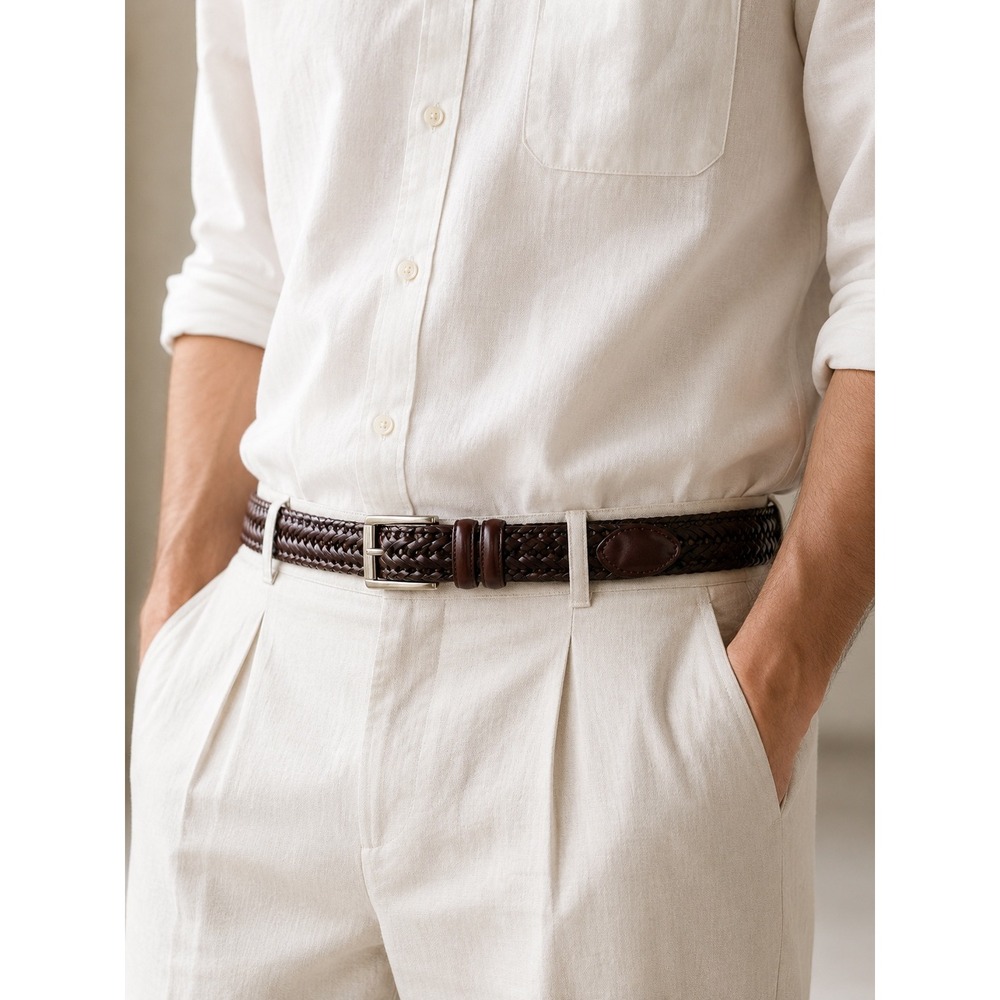 Fossil Braided Leather Belt Brown Woven Casual Silver Buckle Size 40